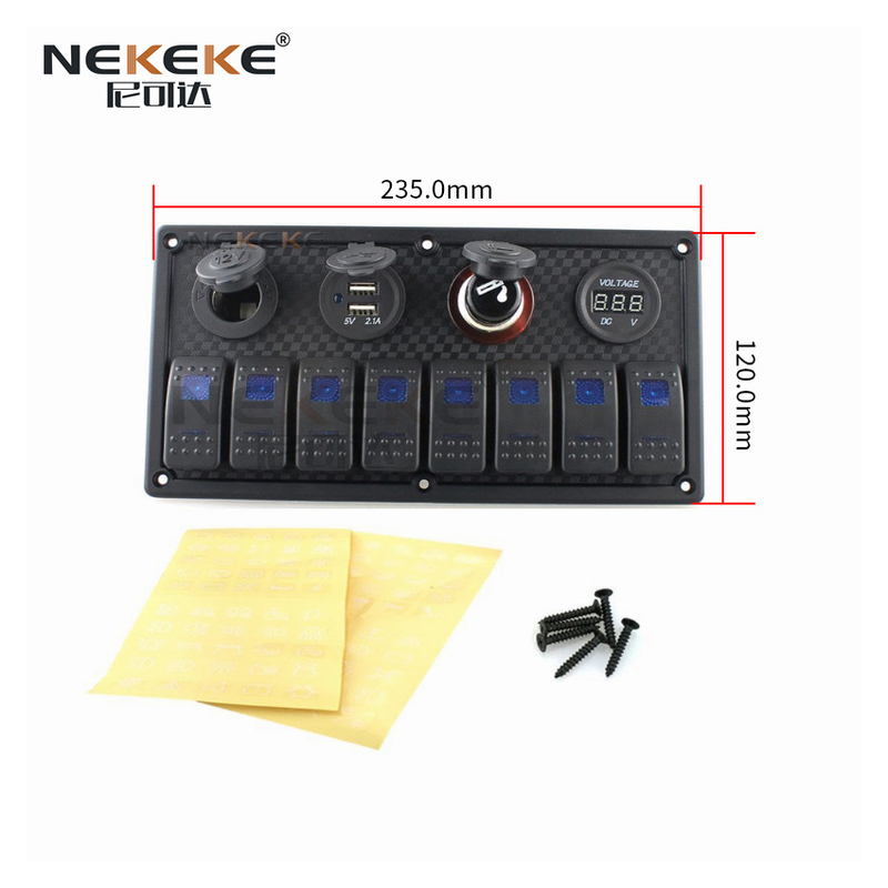 8 Gang Boat Switch Panel With Cigarette Lighter , Dual USB Socket Rocker Switch Panel