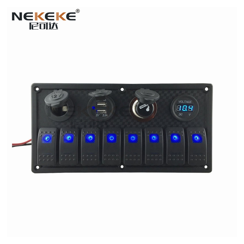 8 Gang Boat Switch Panel With Cigarette Lighter , Dual USB Socket Rocker Switch Panel