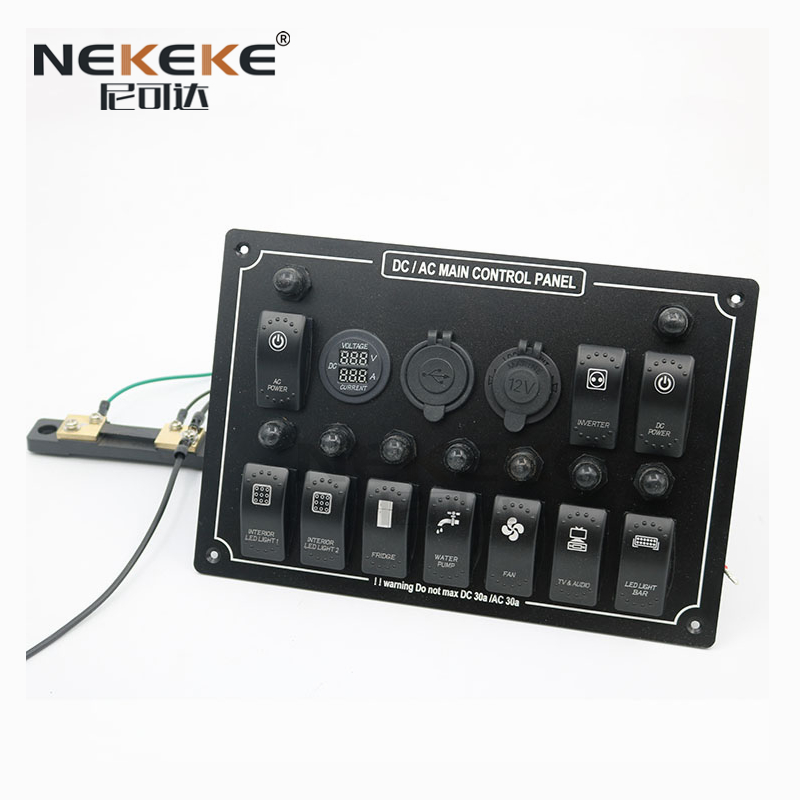 ABS Shell 10 Gang Marine Switch Panel DC 12V 24V Rocker Switch Panel IP65 Grade