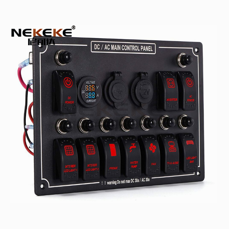 ABS Shell 10 Gang Marine Switch Panel DC 12V 24V Rocker Switch Panel IP65 Grade