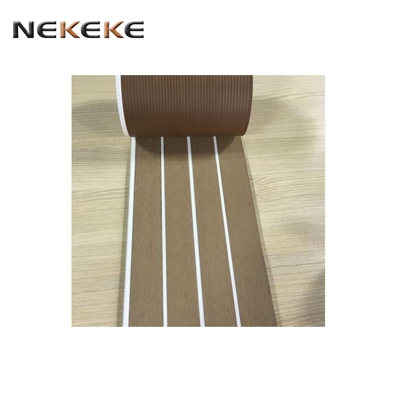 Customized Slip Resistant PVC Deck Flooring Teak Color White Strip For Yachts