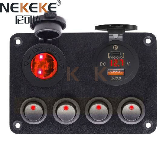 IP65 Waterproof Aluminum Marine Switch Panel with QC3.0+USB-C Port for Boats and Trucks