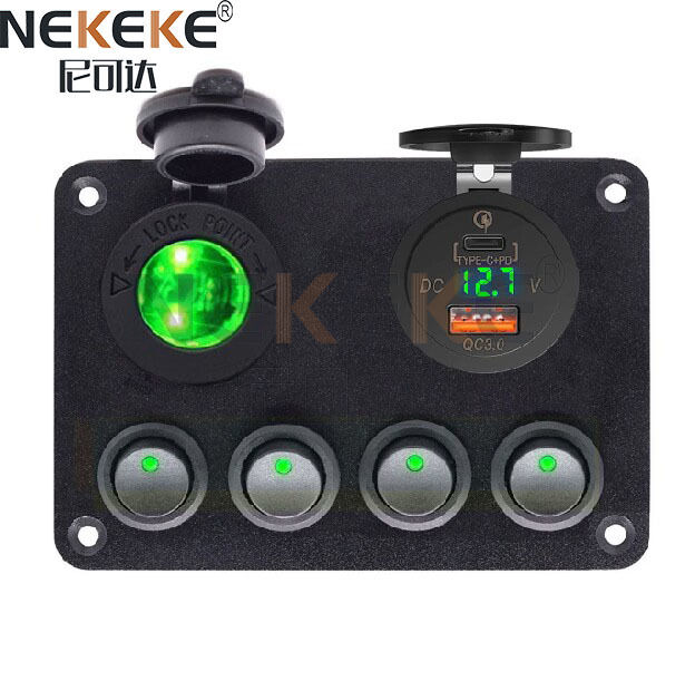 IP65 Waterproof Aluminum Marine Switch Panel with QC3.0+USB-C Port for Boats and Trucks