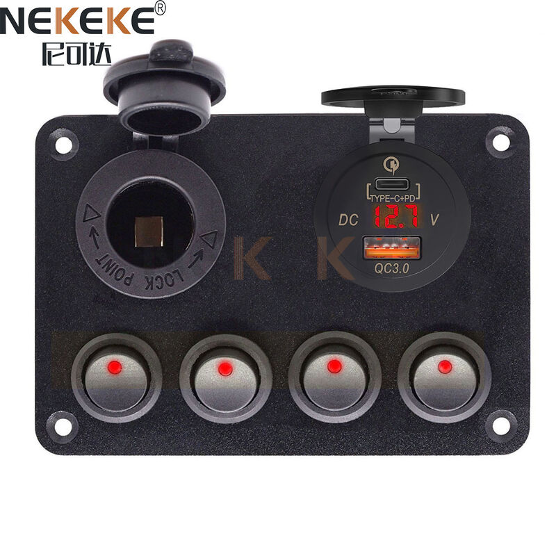 IP65 Waterproof Aluminum Marine Switch Panel with QC3.0+USB-C Port for Boats and Trucks