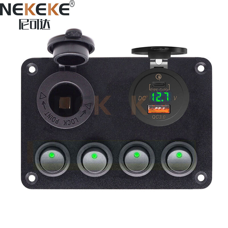 IP65 Waterproof Aluminum Marine Switch Panel with QC3.0+USB-C Port for Boats and Trucks