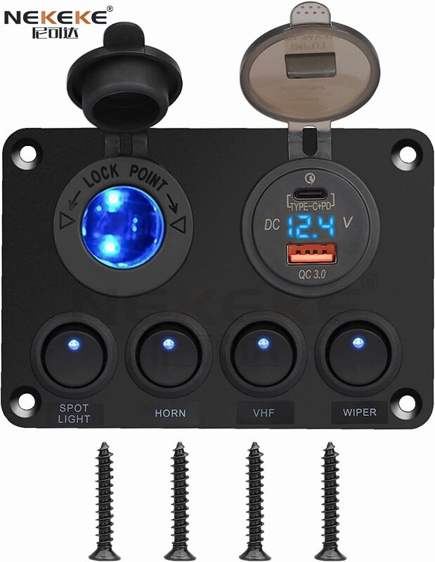IP65 Waterproof Aluminum Marine Switch Panel with QC3.0+USB-C Port for Boats and Trucks