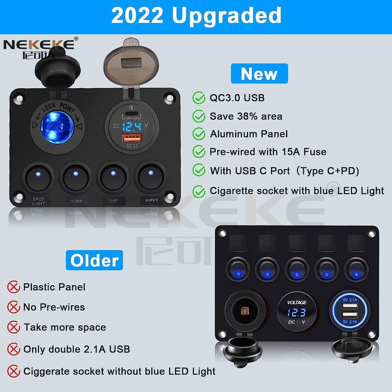 IP65 Waterproof Aluminum Marine Switch Panel with QC3.0+USB-C Port for Boats and Trucks