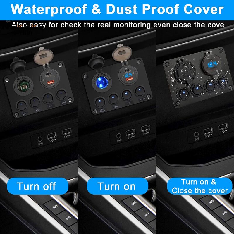 IP65 Waterproof Aluminum Marine Switch Panel with QC3.0+USB-C Port for Boats and Trucks