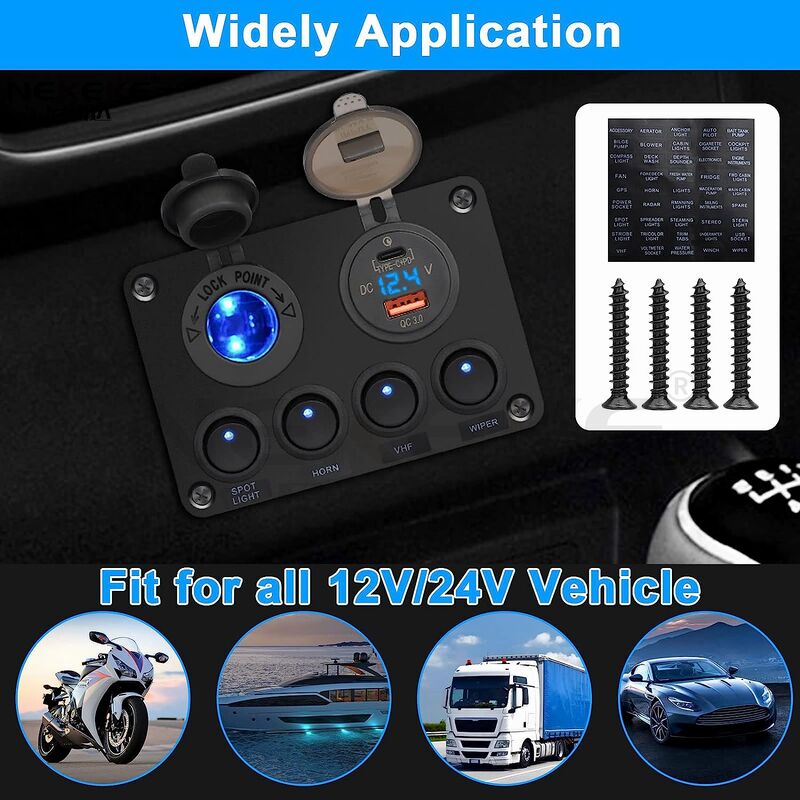 IP65 Waterproof Aluminum Marine Switch Panel with QC3.0+USB-C Port for Boats and Trucks