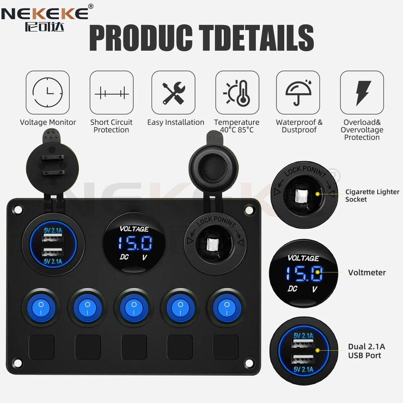 5 Gang Marine Switch Panel IP65 Waterproof with 20A DC Overload Protection and Aluminum Construction