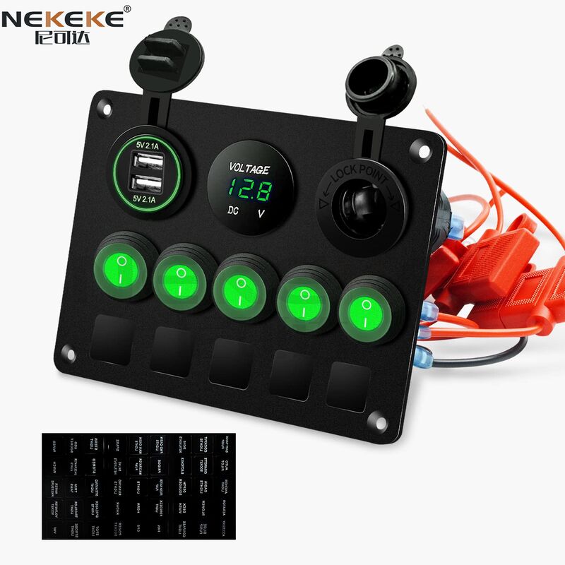 5 Gang Marine Switch Panel IP65 Waterproof with 20A DC Overload Protection and Aluminum Construction