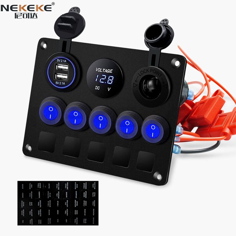 5 Gang Marine Switch Panel IP65 Waterproof with 20A DC Overload Protection and Aluminum Construction