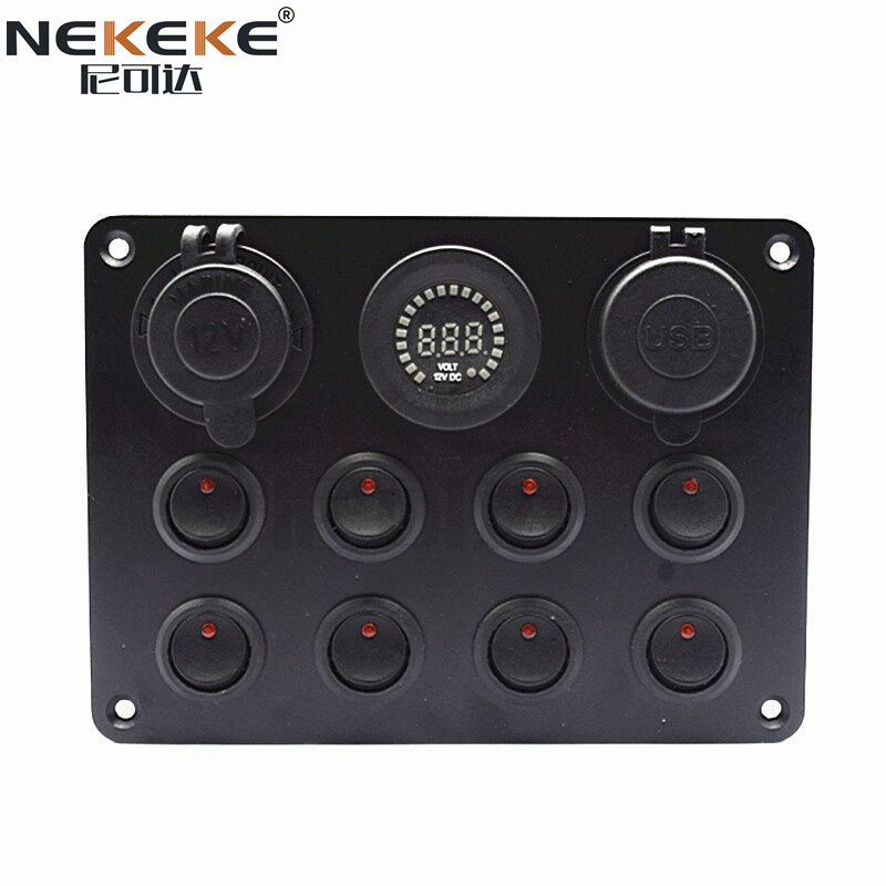 Marine Switch Panel 8 Gang IP65 Waterproof with Dual USB Charger and Voltmeter Aluminum Construction