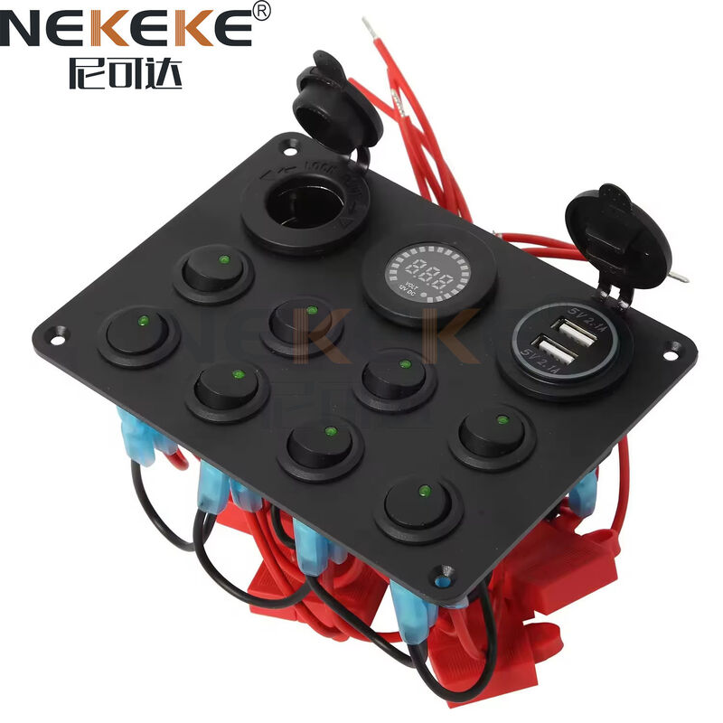 Marine Switch Panel 8 Gang IP65 Waterproof with Dual USB Charger and Voltmeter Aluminum Construction