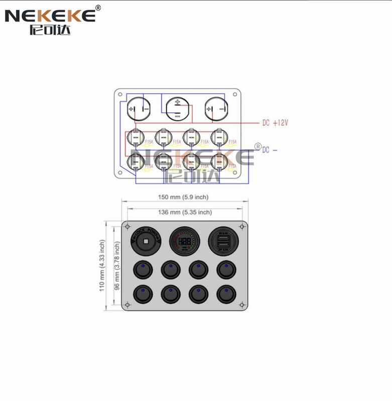 Marine Switch Panel 8 Gang IP65 Waterproof with Dual USB Charger and Voltmeter Aluminum Construction