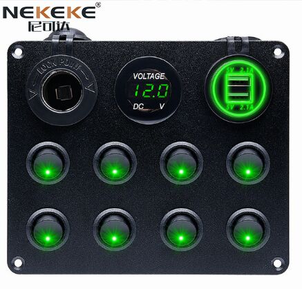 Marine Switch Panel 8 Gang IP65 Waterproof with Dual USB Charger and Voltmeter Aluminum Construction