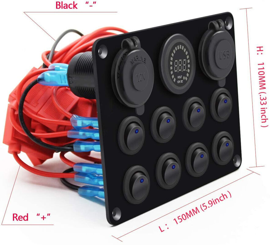 Marine Switch Panel 8 Gang IP65 Waterproof with Dual USB Charger and Voltmeter Aluminum Construction
