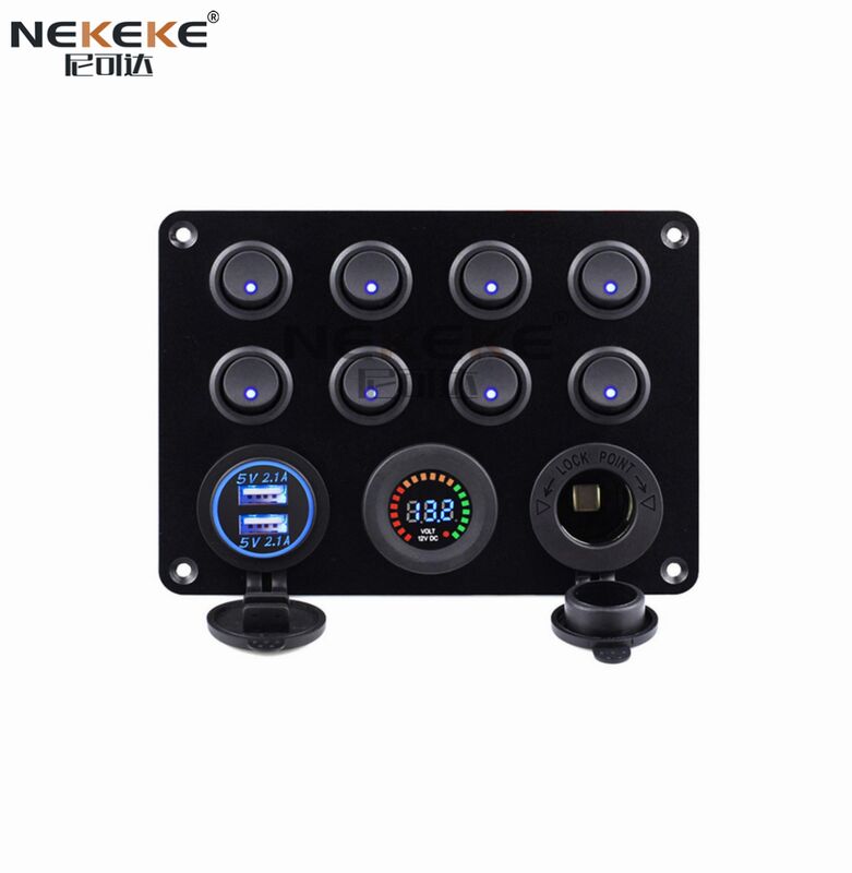 Marine Switch Panel 8 Gang IP65 Waterproof with Dual USB Charger and Voltmeter Aluminum Construction