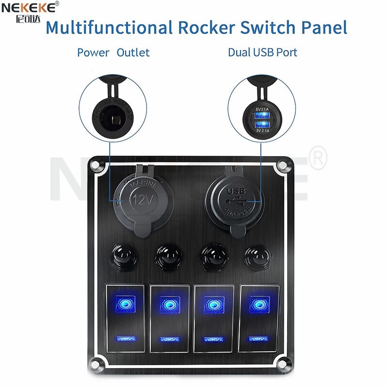 Waterproof IP65 Marine Switch Panel with Dual USB Charger Port and Aluminum Construction
