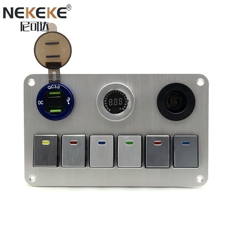 6 Gang Marine Switch Panel With Dual QC3.0 USB Charger And Aluminum Alloy Housing For Boats And RVs