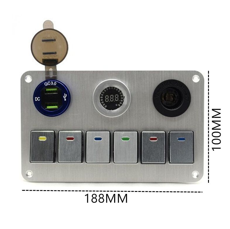 6 Gang Marine Switch Panel With Dual QC3.0 USB Charger And Aluminum Alloy Housing For Boats And RVs
