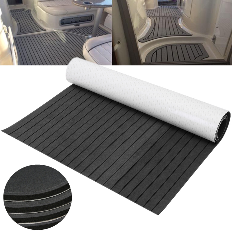 Self Adhesive Straight Groove EVA Boat Deck Mat Dark Grey Black Stripe Waterproof Anti Slip Marine Flooring