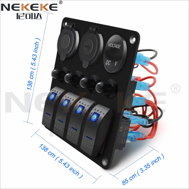 4 Gang Rocker Switch Panel With Circuit Breaker Dual USB Socket Power Socket Voltmeter