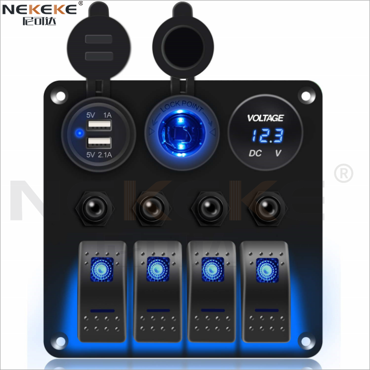 4 Gang Rocker Switch Panel With Circuit Breaker Dual USB Socket Power Socket Voltmeter