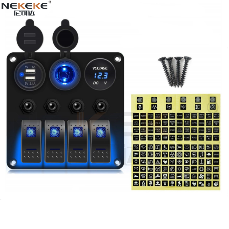 4 Gang Rocker Switch Panel With Circuit Breaker Dual USB Socket Power Socket Voltmeter