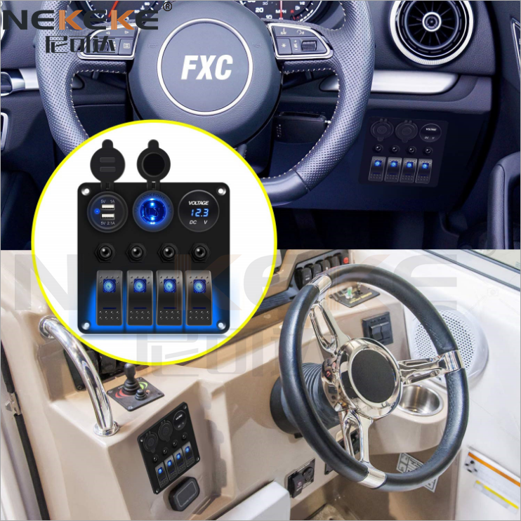 4 Gang Rocker Switch Panel With Circuit Breaker Dual USB Socket Power Socket Voltmeter